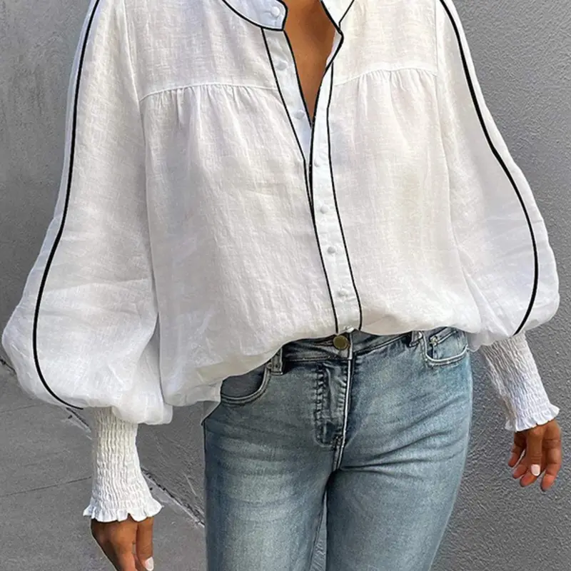 Women's Solid Long Sleeve Puff Sleeve Round Neck Top, Stretchy Loose Fit Button Shirt Blouse for Casual Elegance, Stylish Women's Fashion Basic