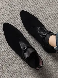 New Women's Matte Leather Pointed Toe Short Boots, Back Zip Chunky Heel Ankle Boots, Vintage Patchwork Design, Multiple Colors Available