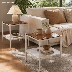 2-Piece Modern Arch Rectangle End Tables, Tempered Brown Glass Tabletop (MDF Layer), Iron Legs, Load-Bearing Indoor Storage Coffee Table for Living Room