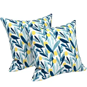 North European Style Waterproof Outdoor Pillow Cover, Blue Leaf Fruit Print, 18x18 Inches, Ideal for Garden Furniture, Patio Lounge