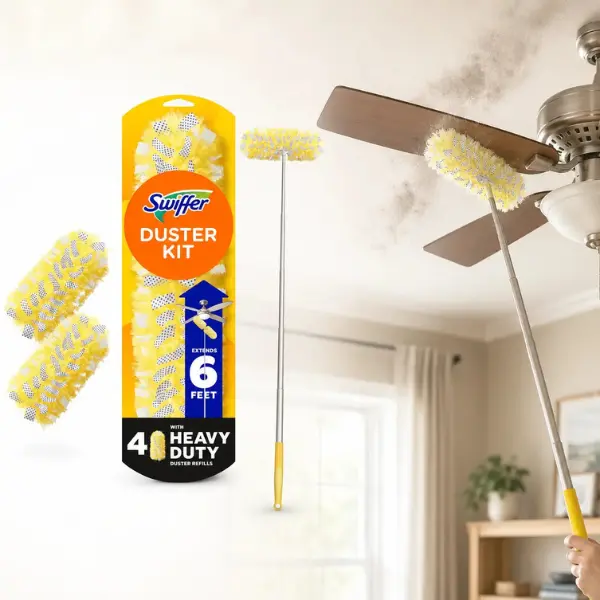Swiffer Super Extendable Dusting Kit with Heavy Duty Refills (1-Handle, 4-Dusters),6 ft extendable duster,heavy duty duster,trap and lock dust,allergen pickup,360 fibers,ceiling fan duster,bookcase duster,light fixture duster,vents,hard-to-reach cleaning