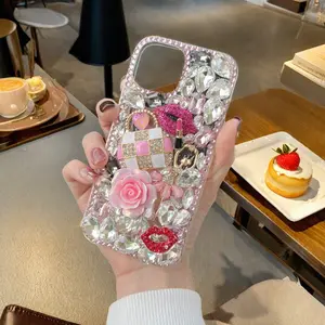 Chic Pink Love Rhinestone Handbag Phone Case with Detachable Chain – Stylish Protective Phone Cover for latest 16, 16 Plus, 15, 14, 11 Pro Max Smartphones