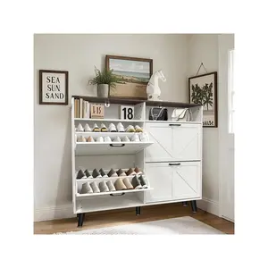 White Shoe Storage Cabinet  Farmhouse Shoe Organizer with 4 Flip Drawers and Open Storage  Freestanding Narrow Shoe Rack Cabinet for Entryway  Hallway  Living Room  White Wood Adjustable Decor Set