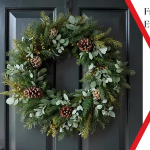 Fresh Evergreen Eucalyptus Christmas Wreath with Pinecones for Festive Home Decor