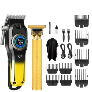 LQT Gradient Gold 2-in-1 Men's Grooming Kit, Cordless Hair Clipper with Circular LCD Display, Gold T-Blade Trimmer, Complete Rechargeable Barber Set with Guide Combs & Cape for Salon & Home DIY Haircuts, Fades, Edges & Beard Shaping