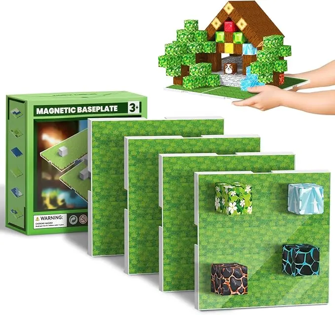 4 Pcs Magnetic Building Blocks Baseplates, Red Lava Pattern Magnetic Base Boards Compatible with Minecraft-Style Magnetic Cubes, 4x4 Inch Magnet Base Plate Set for Kids DIY Construction Creations, Educational Birthday Holiday Gift for Boys Girls