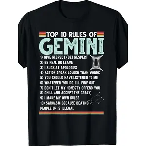 Men'S Vintage Gemini Zodiac T-Shirt - Funny Gemini Traits Graphic Tee with Top 10 Rules of Gemini, Black Retro Astrology Shirt for Birthday Gifts, Halloween, Christmas Parties - Soft Breathable Regular Fit Casual Everyday & Special Occasion Outfits