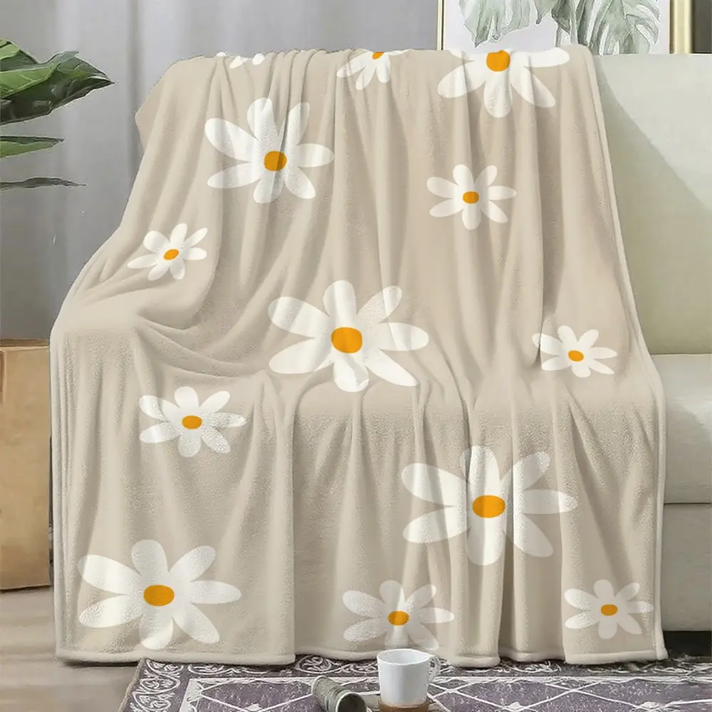 Minimalist Beige White Daisy Floral Soft Cozy Flannel Blanket - Warm Fuzzy Plush Throw, Perfect Birthday Gift for Women Girls Teens Dorm Bedroom Sofa Couch Boho Aesthetic Home Decor