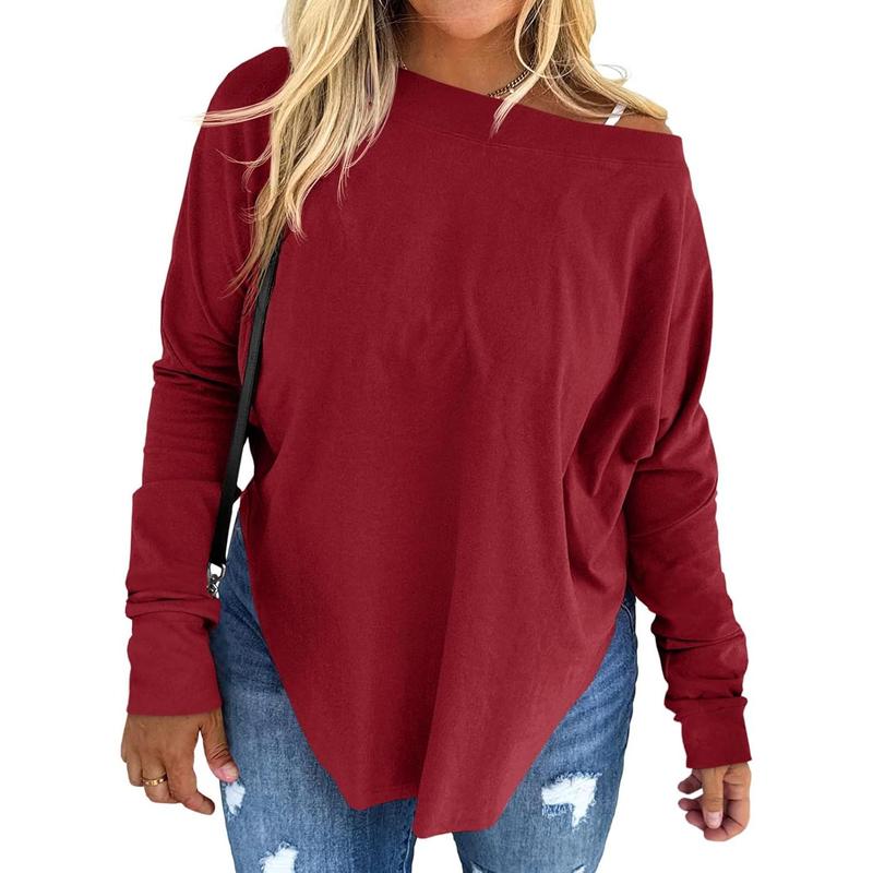 Goranbon Women's Plus Size Tops Off Shoulder Long Sleeve Loose T Shirts Casual Curved Hem Tunics Tee Shirt