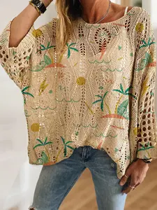 Women's Boho Cartoon Graffiti Coconut Tree Sun Print Knit Hollow Out Top, Casual Elegant Vacation Style, Batwing Sleeve, Comfortable Breathable Loose Fit, Knitwear Womenswear, Casual Loose Jumper