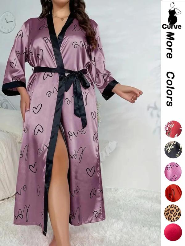 [Plus Size] Halloween Print Belted Wrap Long Sleeve Loose Loungewear Robe, Women Long Sleeves Nightwear, Fall Lady Long Lounge Robe Gowns, Halloween Pajamas, Robes for Women, Floral Print Robe, Wrapped Belted Robe, Casual Soft Bathrobe Womenswear Vneck