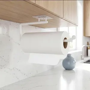 Drill-Free Adhesive Paper Towel Holder Under Cabinet, L-Shaped Wall Mount Dispenser for Jumbo Rolls, Foil & Towels, Perfect for Kitchens & RVs (White)