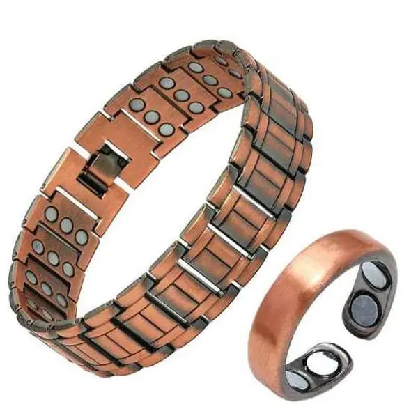 2Pcs/Set Vintage Red Copper Magnetic Therapy Bracelet & Ring, 3500 Gauss Wrist Joint Pain Relief Bangle, Adjustable Health Jewelry Set for Dad Father's Day Gift