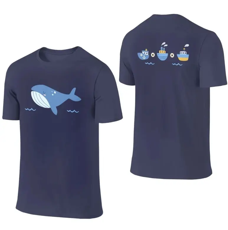 Unisex Summer Spring Crew Neck 100% Cotton Short Sleeve T‑Shirt, Double‑Sided Cute Cartoon Whale Steamship Wave Ocean Marine Graphic Tee, Loose Casual Top For Beach Vacation, Ocean Theme Party, Family Daily Outfit