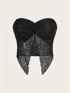 SHEIN ICON Spring Twist Front Split Hem Tube Black Top Crop Fabric