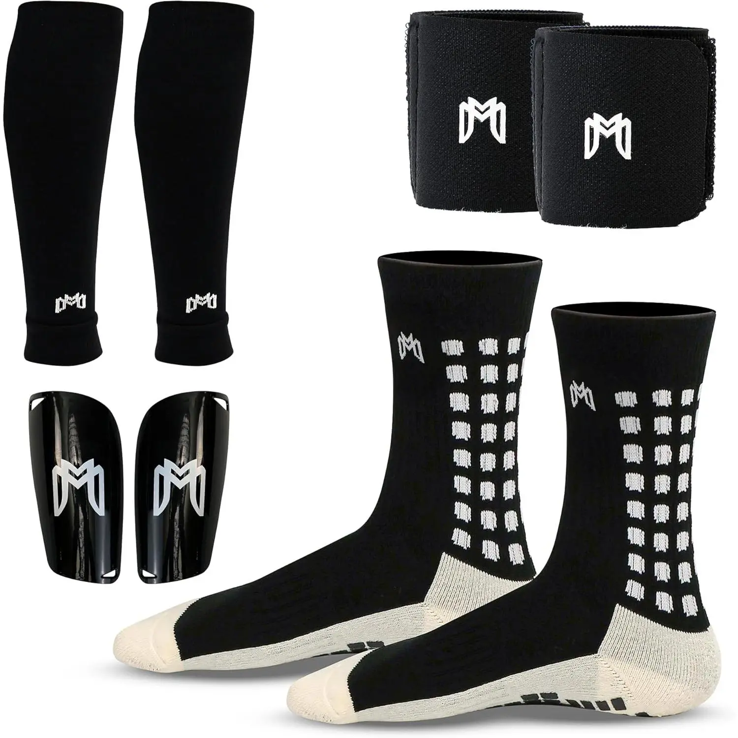 Soccer Grip Socks, Shin Guards, Pre Cut Sock Sleeves, and Guard Straps Bundle Pack - Essential Equipment for Soccer Players - for Mens, Women, Youth, Size 7 to 12  Men Shoe Size