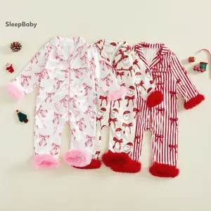 Baby Boys Girls Christmas Satin Pajamas Long Sleeve Turn Down Collar Santa Claus Bow Print Button Up Furry Cuffs Hem Sleepwear