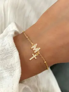 Women's Letter Charm Cross Pendant Bracelet, Stainless Steel Chain, Casual Style with Zircon Stones, Perfect for All Seasons, Letter Link Bracelet