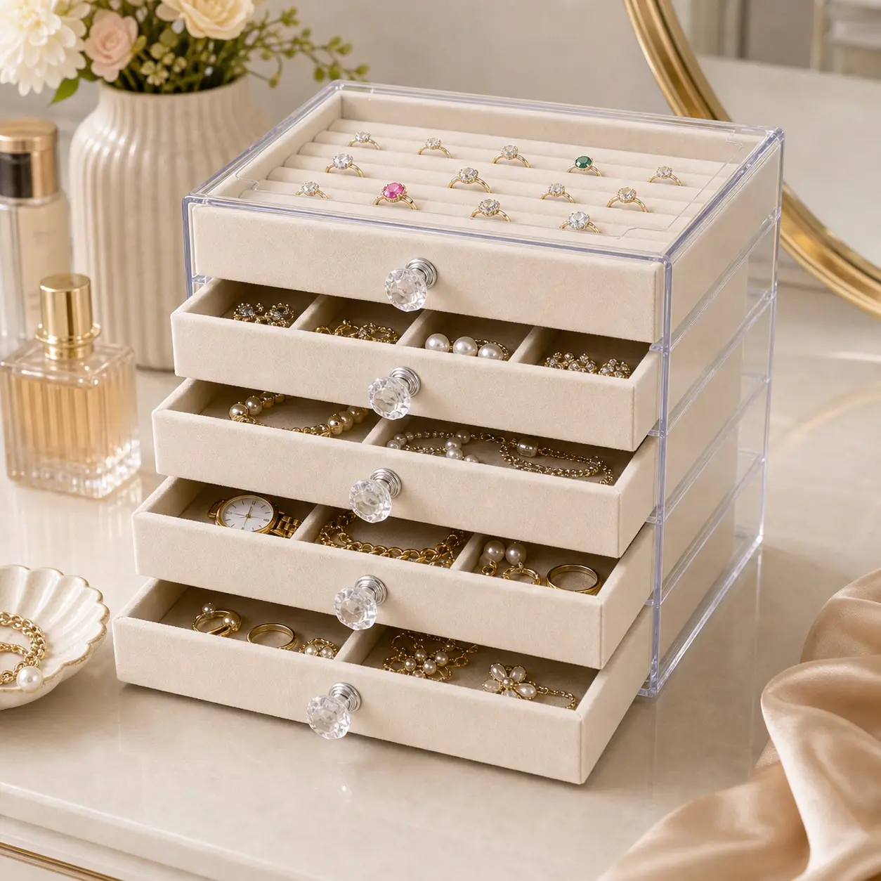 Clear Jewelry Organizer Box with 5 Soft-Lined Drawers, Removable Dividers and Stackable Design, Multi-Compartment Storage Case for Earrings, Rings, Necklaces, Bracelets and Small Accessories, Dresser Display Organizer for Women, Bedroom and College Dorm
