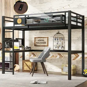 Twin XL Size Loft Bed Frame with desk, storage basket,Heavy-Duty Metal Loft Bed Frame with clock,and charging port, Noise Free,Black