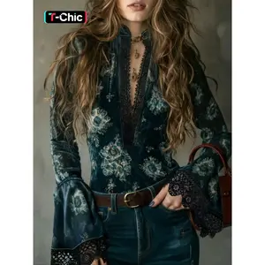 Spring/Summer chic casual floral lace V-neck bell-sleeve long-sleeve blouse shirt; bohemian casual top; elegant women’s beachwear; everyday wear; New Year clothing