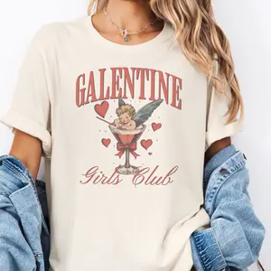 Valentine Galentine Girls Club Tee Cupid Heart Martini Graphic Tshirt Casual Womens Crewneck Sublimation Top
