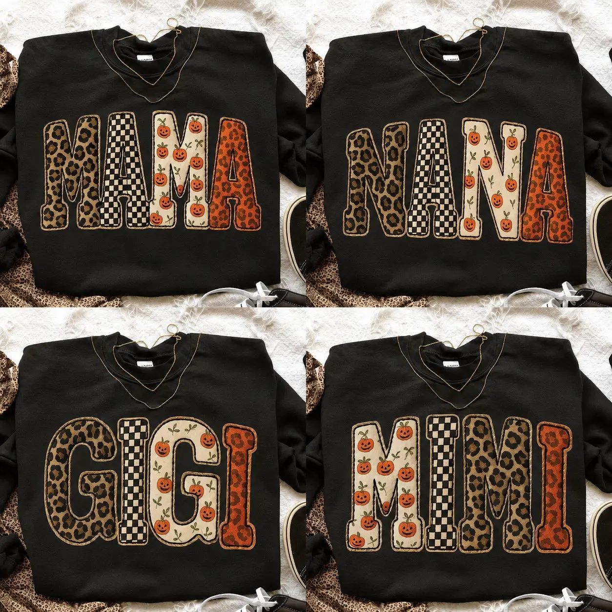 [PRINT NOT EMBROIRED] Gildan Halloween Mama/Nana/Gigi/Mimi Graphic Sweatshirt, Halloween Patchwork Letters Crewneck, Spooky Season Sweatshirt