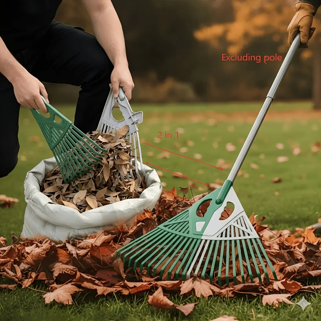 Two-In-One Garden Rake Head, Detachable Lightweight Plastic Rake, Yard Leaf and Weed Cleaning Tool, Easy-To-Use Gardening Equipment, Leaf Scoop Rake