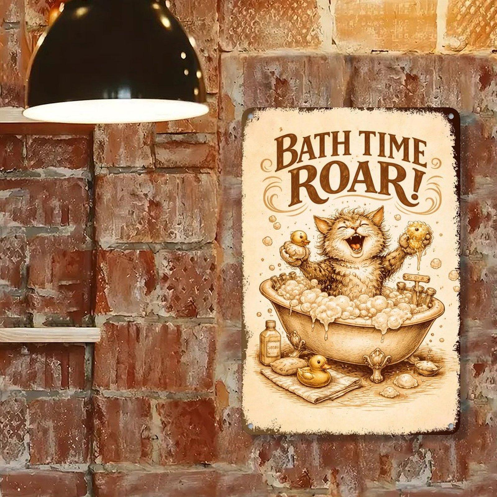 Bath Time Roar – Funny Cat Bathtub Art Print – 8x12 Inch Metal Sign for Bathroom, Kitchen, or Home Decor