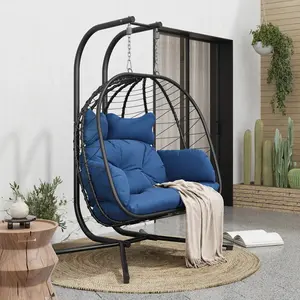 Double Egg Swing Chair for Two with Cushions and Stand, Wicker Rattan Hanging Chair 700lbs Capacity, Waterproof & Sunproof for Patio Porch Balcony Garden Indoor,Summervibes