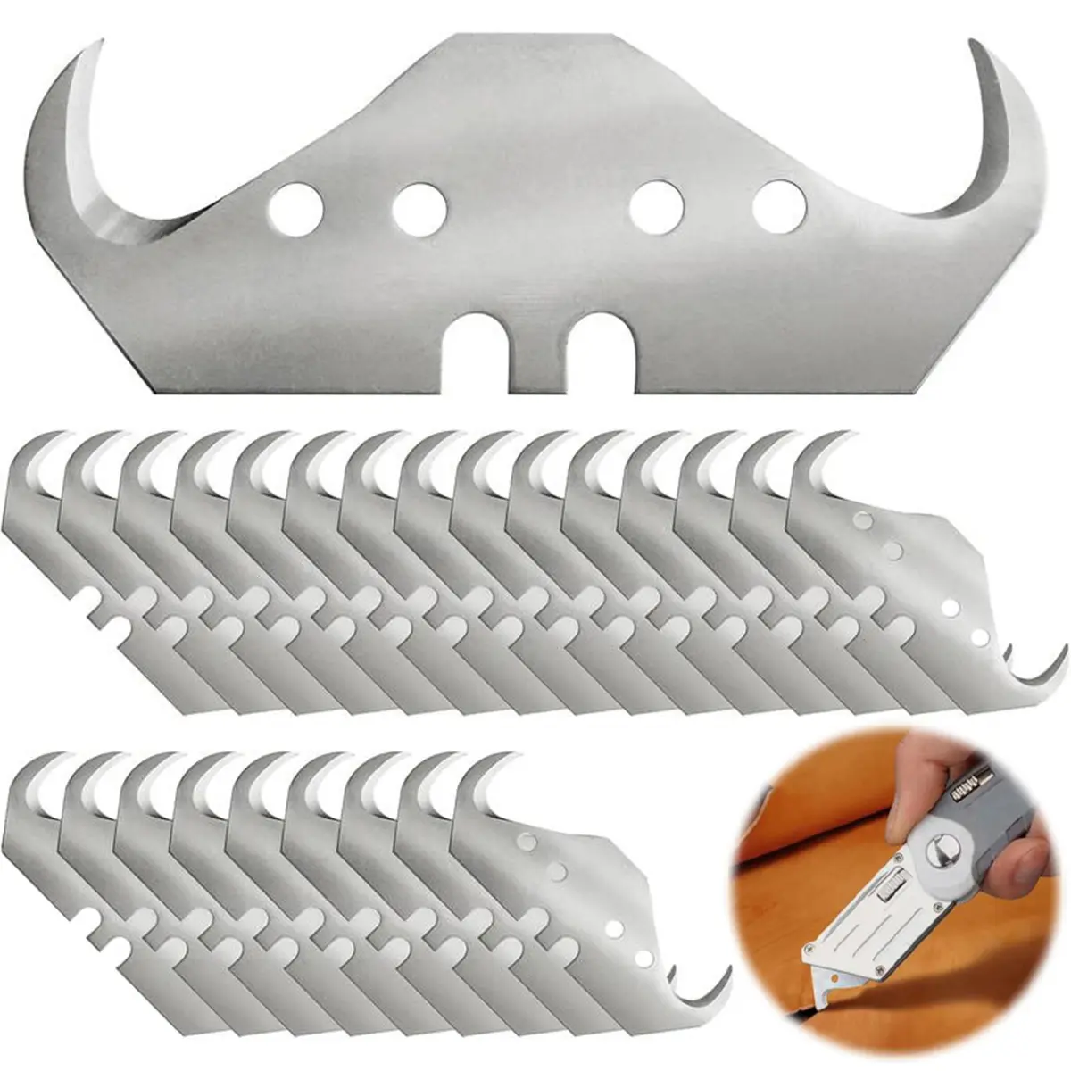 10 or 30 or 60 or 120 PCS Carbon Steel Hook Blades, Utility Razor Blades with Plastic Box for Cutting Wallpaper, Carpet, Roofing Blade Knife