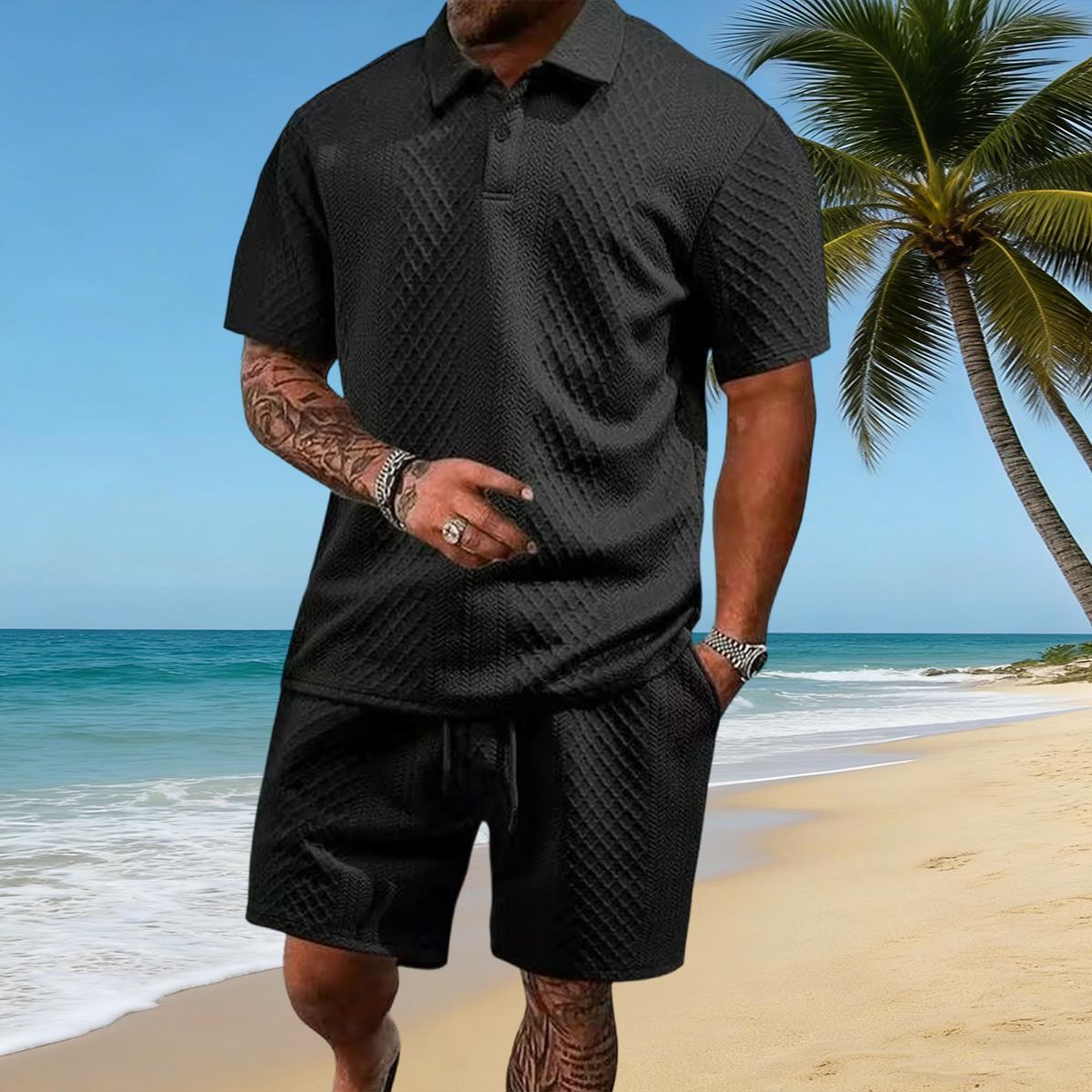 Men's summer casual texture fabric solid color polo shirt T-shirt shorts 2-piece set, loose fit suitable for casual sports, breathable and cool, essential summer outfit, comfortable and versatile  Menswear Plain, Shortsleeve, 1 Set (Dark Blue)