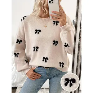 Elegant women's loose knit sweater with bow design, round neck long sleeved top, autumn and winter fashion, casual daily wear, knitwearRAIMENTRY