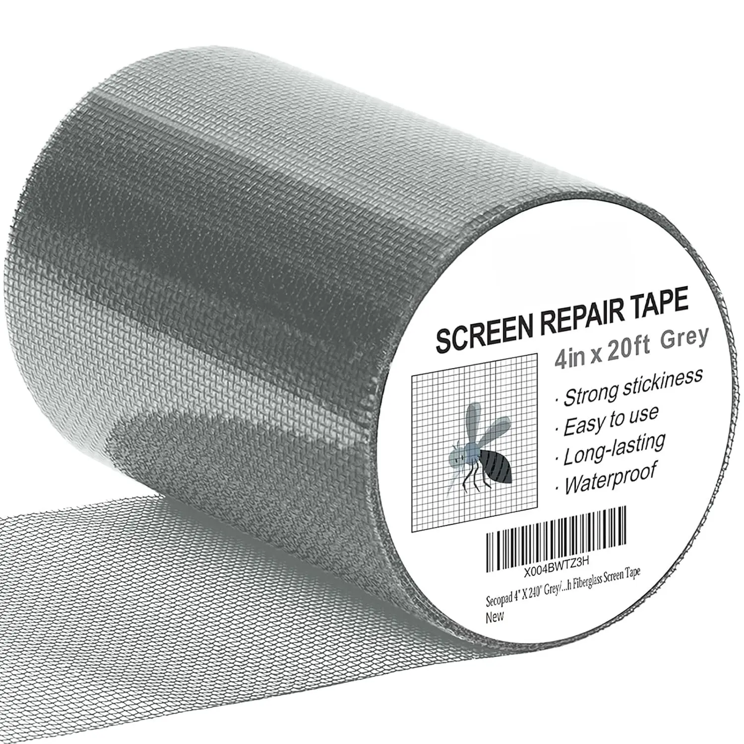 Grey Window Screen Repair Tape Roll, 4in x 20ft (240in) Durable Fiberglass Mesh Patch Kit with Strong Stickiness, Temporary Fix for Holes & Mesh Surfaces, Easy Application - Clean Contact Part First Use, Indoor