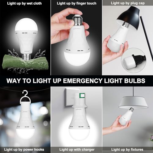 4 Pack Rechargeable Emergency Light Bulbs A21, Camping Lamp Battery Powered LED Light Bulb 3000K Daylight E26 E27 120 Volt 12W 60W Equivalent with 2000mAh for Home Power Outage Camping Hurricane incandescent light emergency light bulb