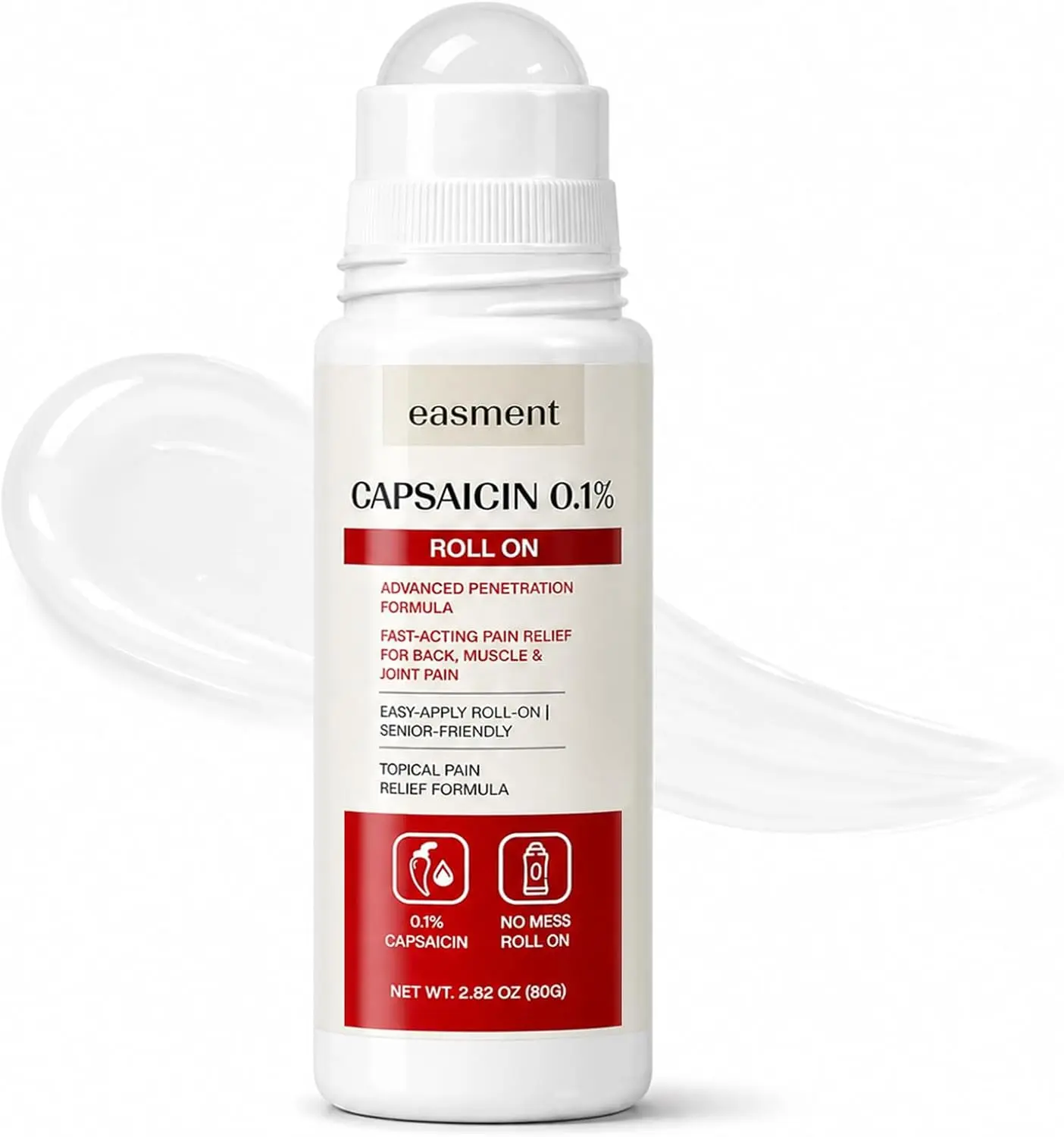 Easment Capsaicin Roll On 0.1% for Muscle & Joint Pain Relief, Warming No-Mess Topical Cream Alternative for Back, Neck, Knee, Foot & Hand Aches, Fragrance Free, 2.82 fl oz