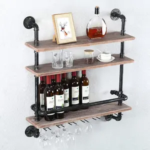 Industrial Pipe Shelf Wine Rack 5 Stem Glass Holder, Real Wood Kitchen Wall Shelf Unit, 3-Tiers Rustic Floating Bar Shelves