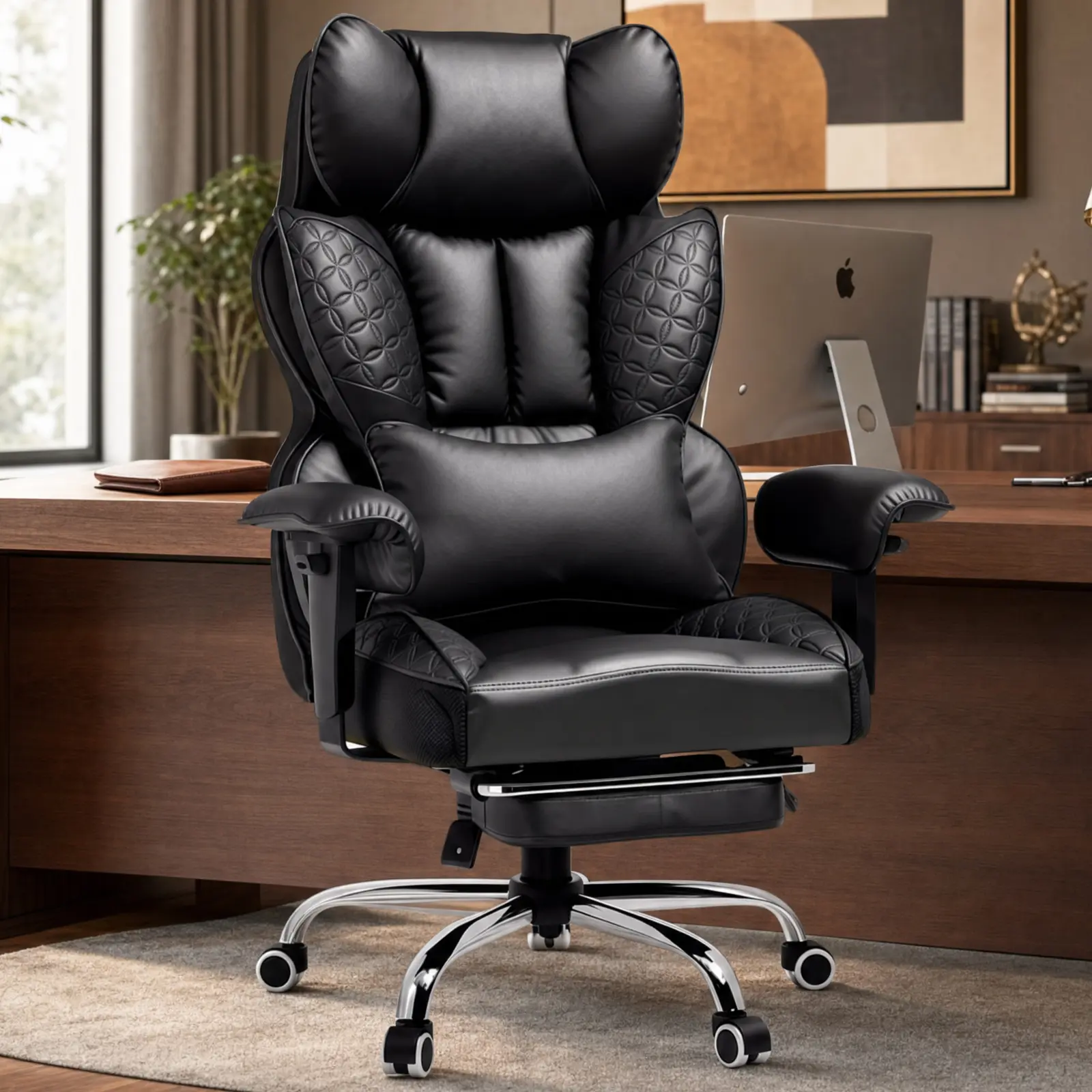 Big and Tall Recliner Gaming Chair, 400LBS Wide Ergonomic Office Chair with Deluxe Embossed Leather, Footrest, 150° Recline, Adjustable Armrests, Pocket Spring Back Support
