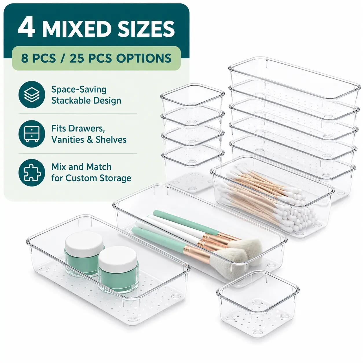 Rectangular Plastic Drawer Organizer Set - Transparent Stackable Storage Trays with Anti-Slip Base, Assorted Sizes (Height 2"), Multi-Room Fit for Small Items, 4 Mixed Sizes, 8/25 PCS Options, Home Organizers