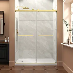 Aobtkel®55"-60" W x 76" H Brushed Gold Reversible Installation Double Bypass Sliding Shower Door Easy Installation Frameless Shower Door,5/16"(8MM) Tempered Glass With Nano Explosion-proof Film#Summervibes