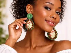 Fredeline Colllection Handcrafted artisanal jewelry Green & Red Earrings made with Faceted crystal beads and resin