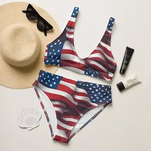 Women High Waist Waving American Flag Bikini Set Realistic USA Stars Stripes Red White Blue Patriotic Comfy Swimsuit 4th of July Beach Tanning Party
