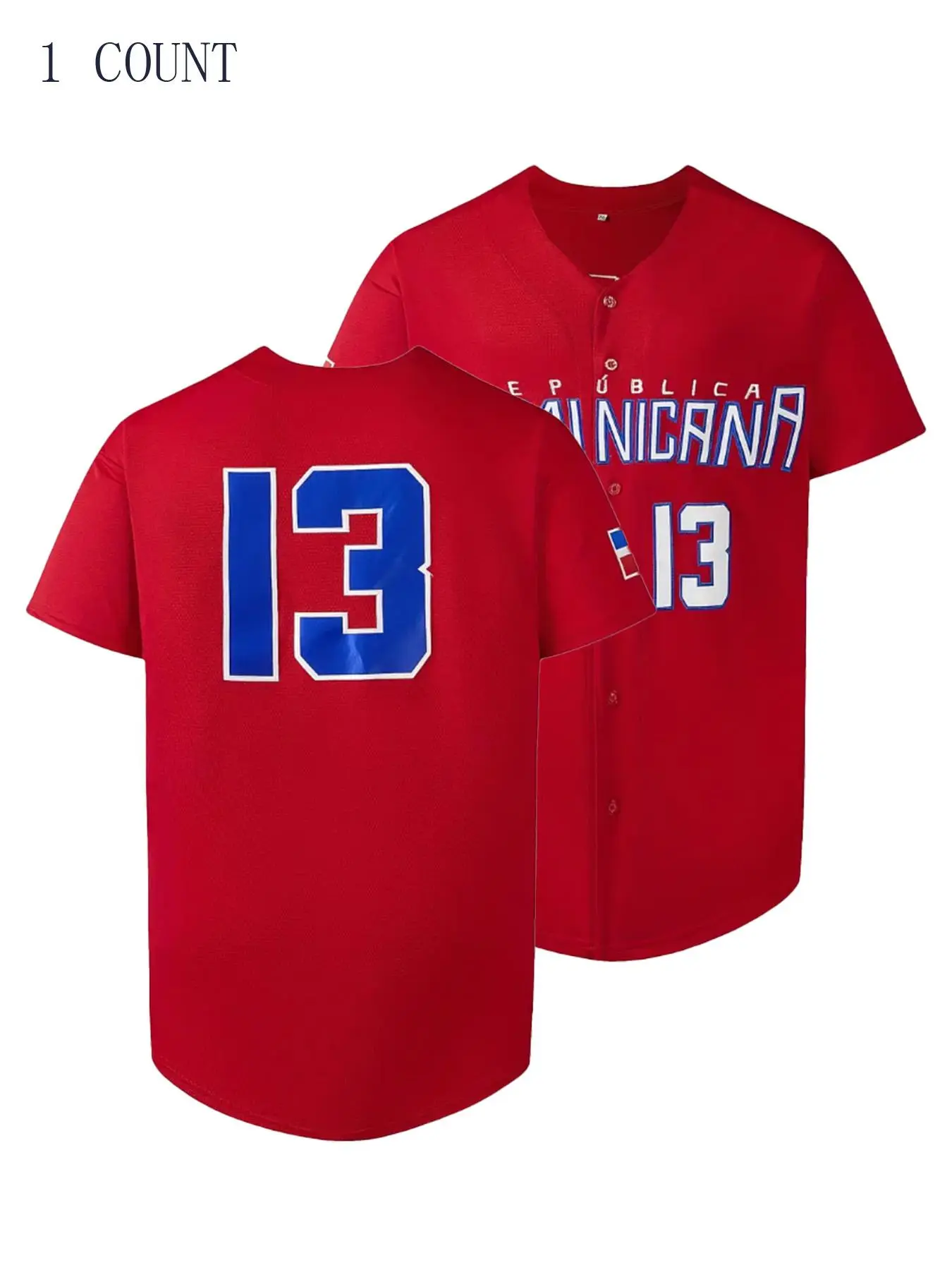 Men's Letter & Number Stitched Button Front Baseball Jersey, Casual Loose Short Sleeve V Neck DOMINICANA Baseball Top for Fall & Winter, Baseball Christmas Gifts, Jersey Tops, Jersey Shirt