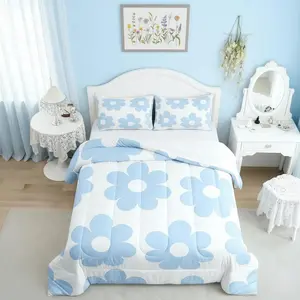 Cute Daisy Flowers Down Comforter Set,70s Retro Groovy Duvet/Quilt Set,Soft Bed Collection,Cartoon Floral Blue Bedding Comforter for Boys Girls Bedroom