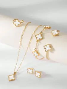 Women's Four-Leaf Clover Jewelry Set, Alloy Lucky Grass Flower Necklace Earrings Bracelet, Perfect Gift for Women & Girls, Elegant Jewelry Set