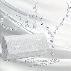 4PCS Clutch Purses Bag for Women Evening Rhinestone Jewelry Set Bling Necklace Earrings Bracelets Set for Wedding