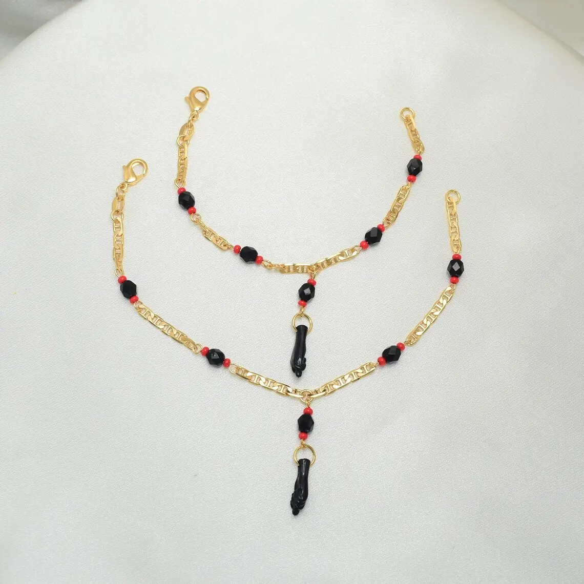 Azabache Bracelet with Figa Hand Charm - Gold Plated Protection Bracelet- Pulsera De Azabache Para Bebe, Nino, Nina Y Adulto