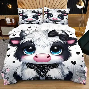 Cute Cow Print Kids Bedding Set, Including 1 Duvet Cover & 2 Pillowcases without Filler, Heart Pattern Western Farm Animal Design, Includes Pillowcases, Modern Bedroom Decor ,Bedding Supplies for Home Bedroom Hotel, Soft for All Seasons