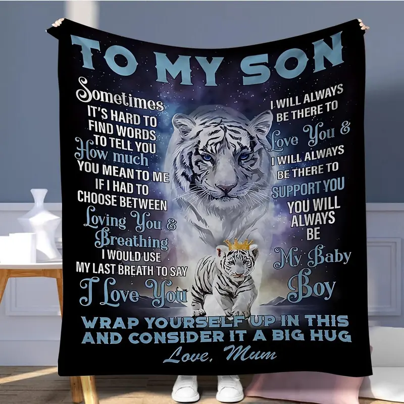 To My Son Letter Slogan Print Blanket, 1 Count Tiger Pattern Soft and Comfortable Air-conditioned Room Throw, Warm Nap Blanket for Home, Office, Outdoor Camping