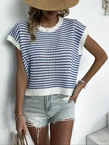 Women's New Loose Fit Elegant Fashion Round Neck Pullover Knit Vest, Striped Sleeveless Top for Spring & Fall, Casual Daily Wear